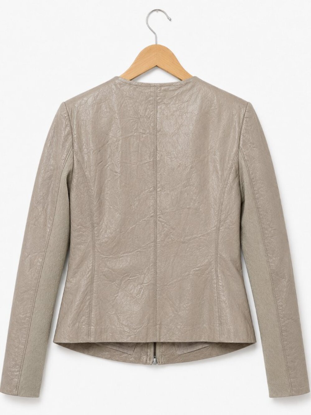 Cigno Nero Taupe Genuine Leather Moto Jacket Stretch Sleeve Panel Zip Front - Picture 3 of 5